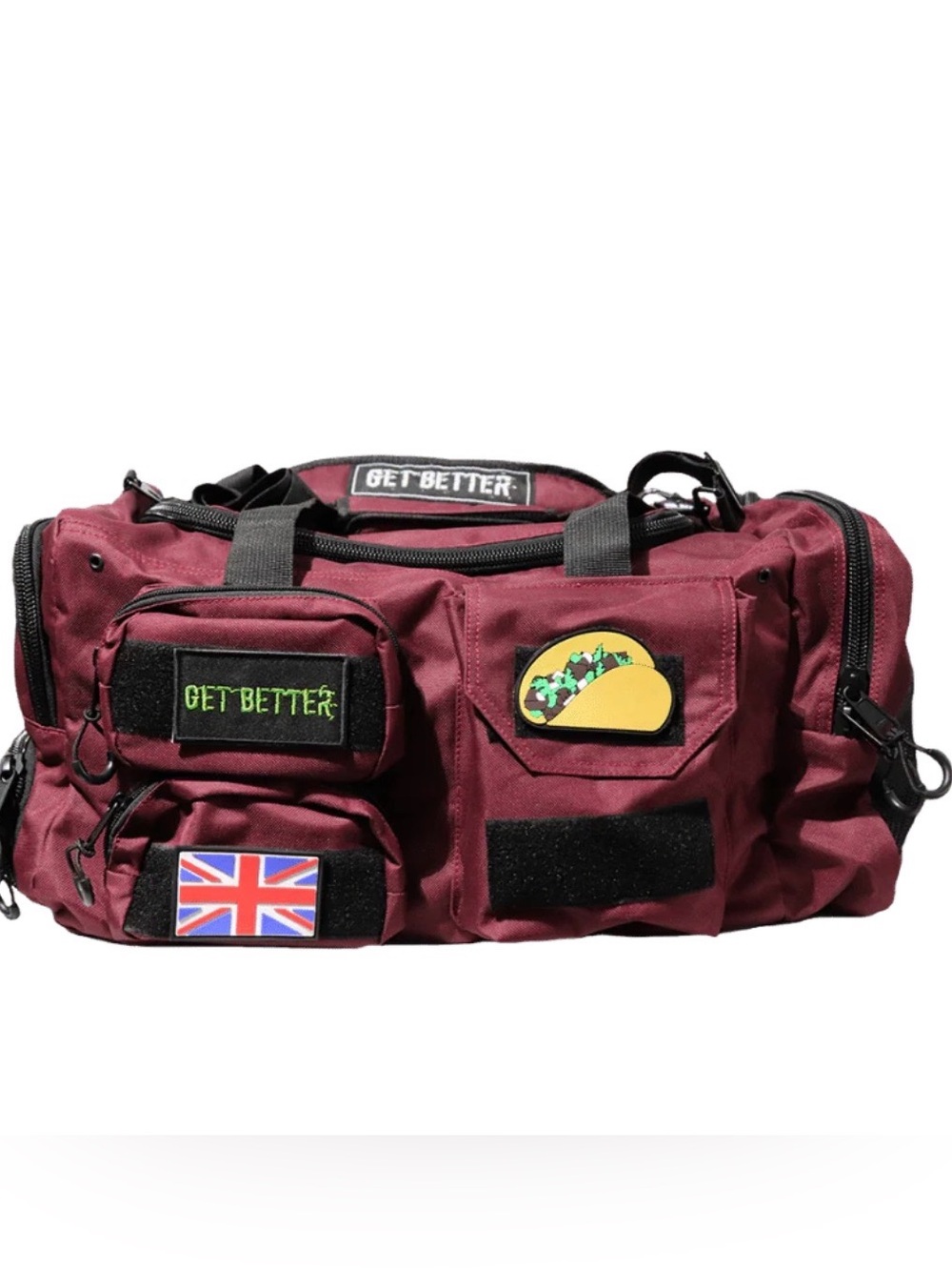 Bear Komplex Duffel Bag with Multiple Exterior Pockets Burgundy Maroon Red